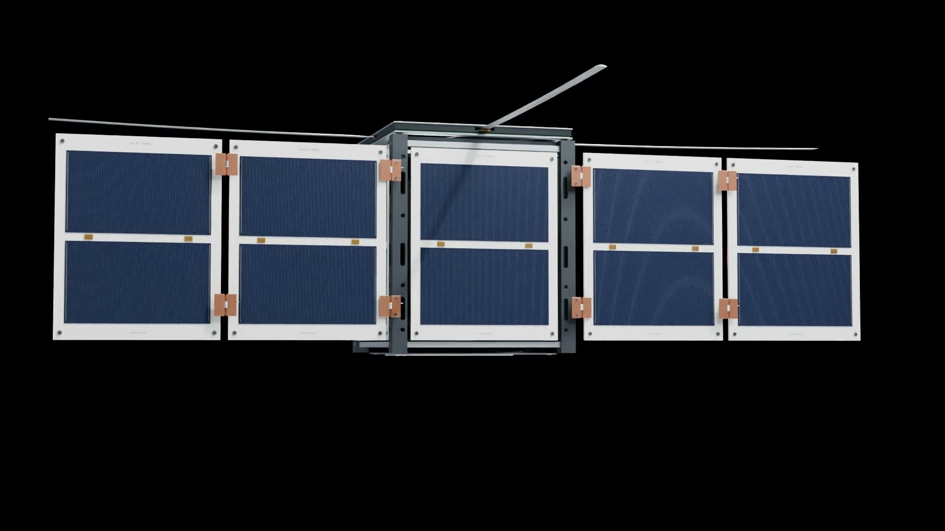 Render of the 1U satellite with its solar wings and antennas deployed