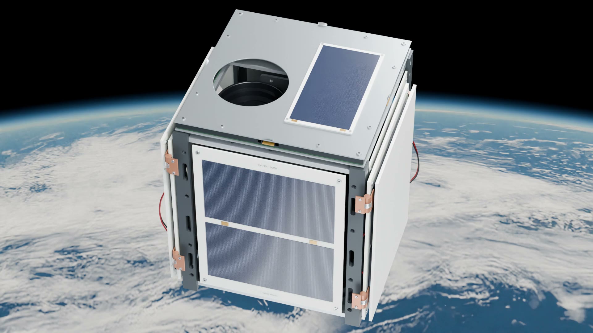 Render of the folded 1U above the Earth, showing the star-camera port and a solar panel on the top deck