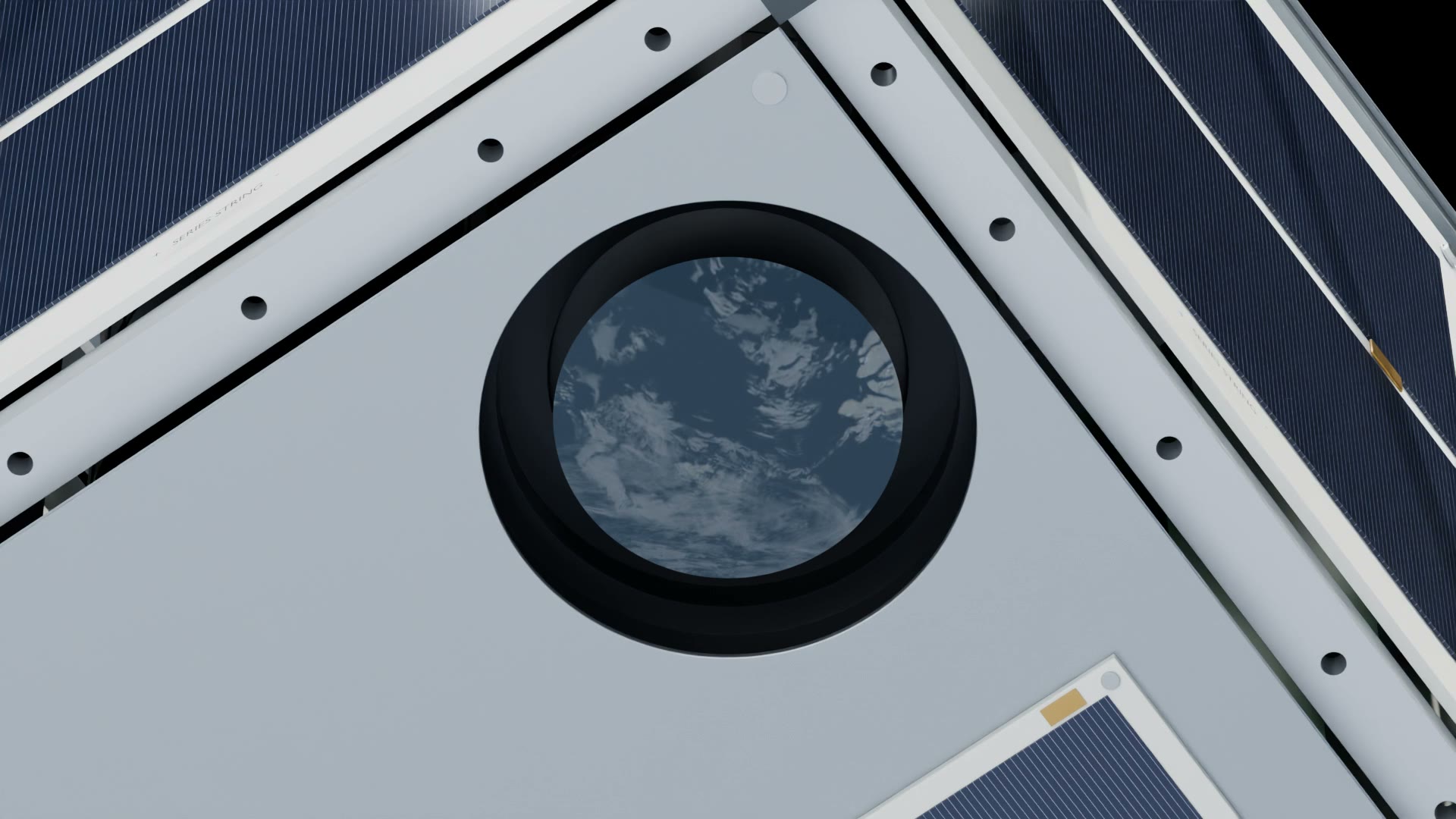 Render close-up of the Earth-camera window on the 1U's bottom deck
