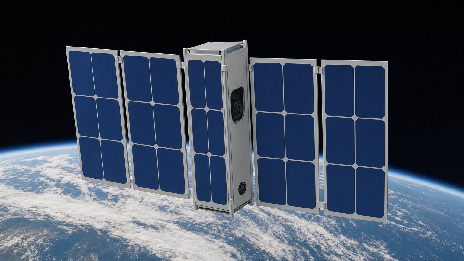 Illustration of the 3U satellite in orbit with two double-leaf solar wings deployed