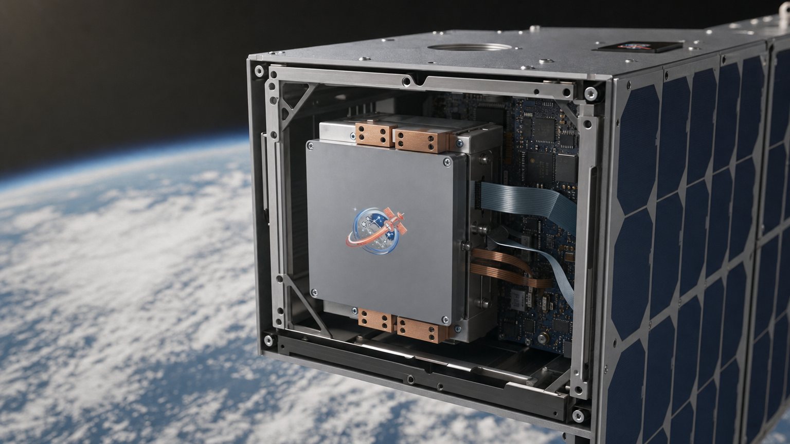 Illustration of the edge compute module installed inside an open small satellite above the Earth