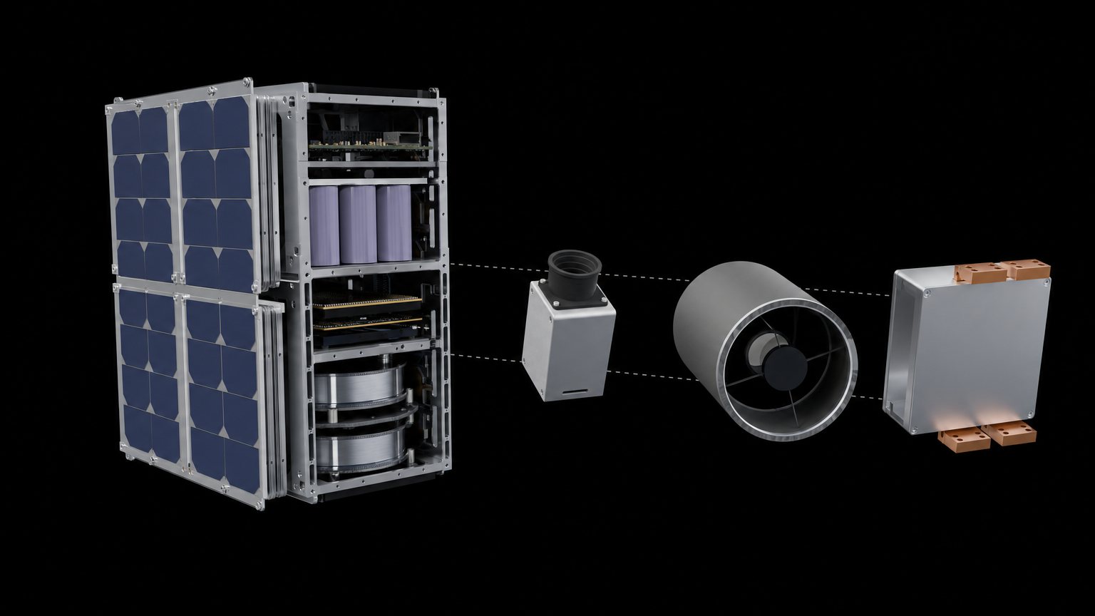 Illustration of a 6U CubeSat taken apart: the bus with solar panels, batteries, circuit boards and reaction wheels on the left, and three payload modules on the right