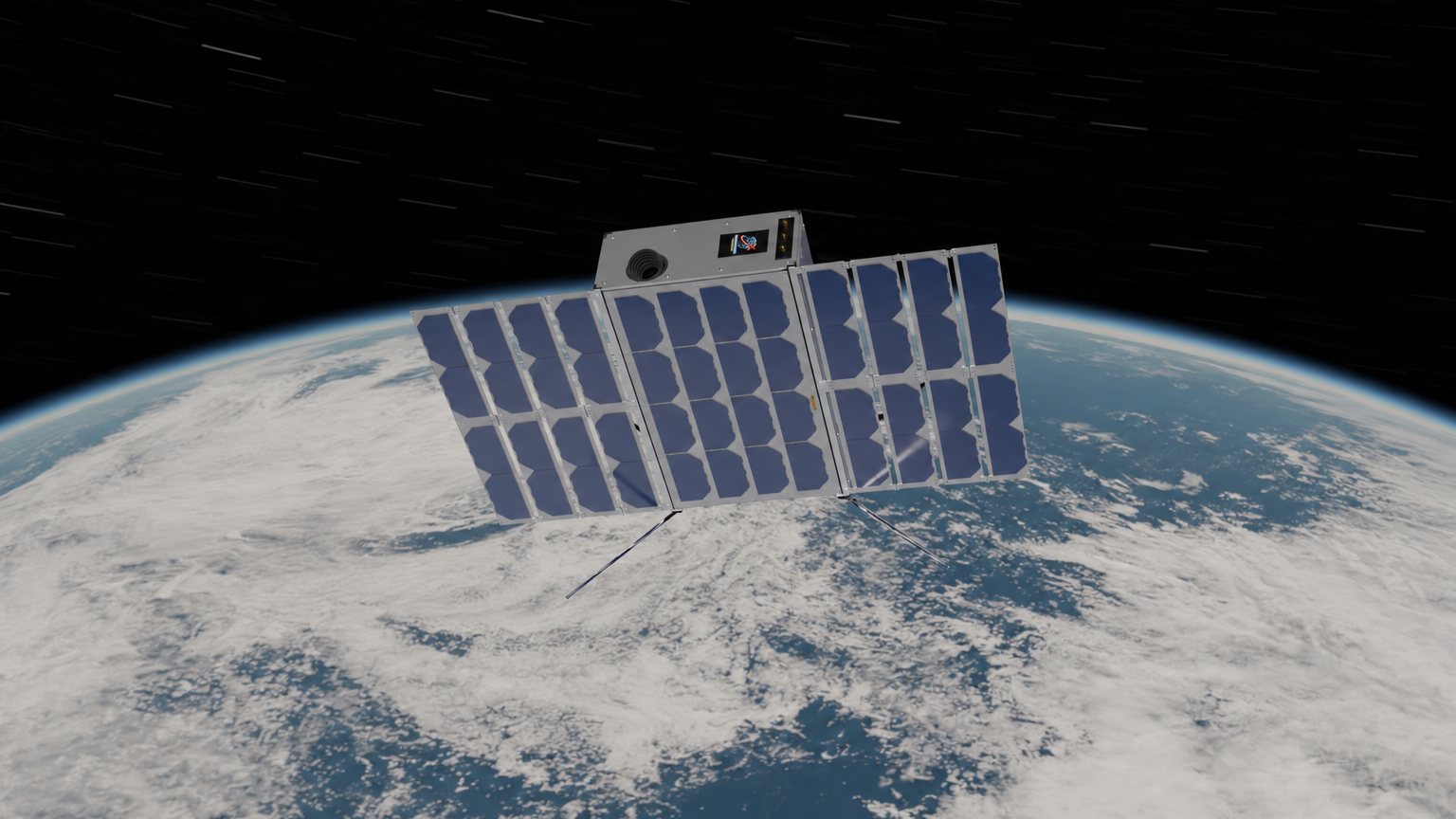 Illustration of a small satellite turning fast above the Earth, with the background stars drawn as short streaks