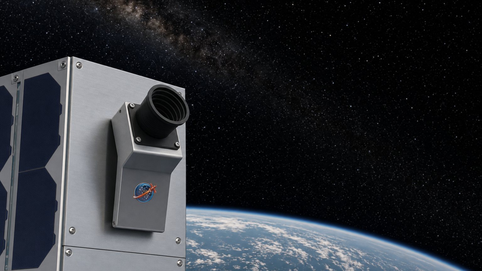 Illustration of a star camera on the side of a small satellite, pointed at the stars above the Earth